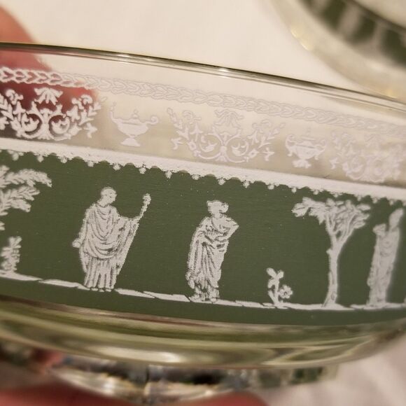 Vintage Jeannette Glass Green Hellenic Grecian Motif Fruit / Salad Bowl set of 4 - Picture 7 of 11
